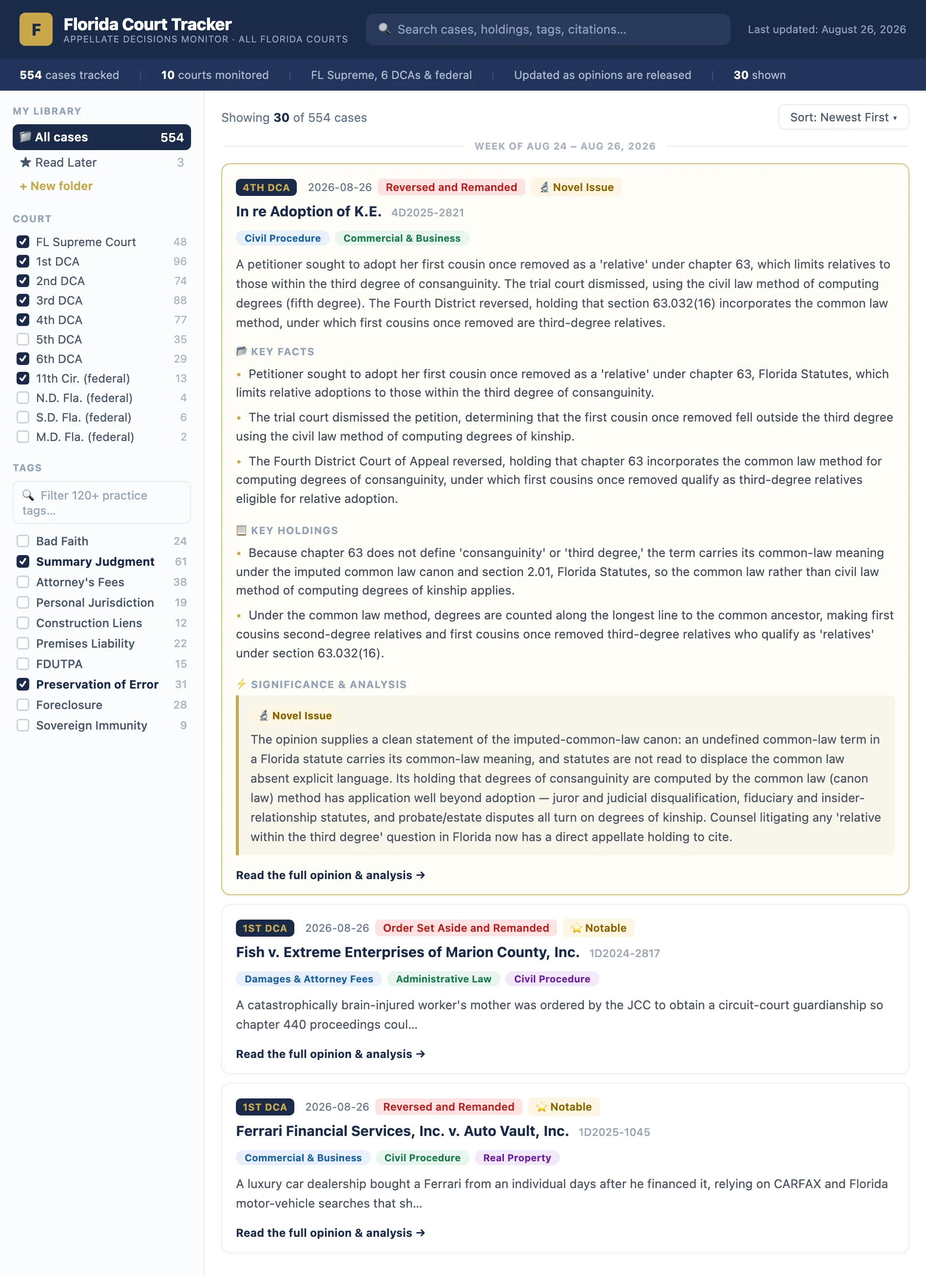 Florida Court Tracker app: the searchable case library with a decision expanded to show its summary and key holdings.